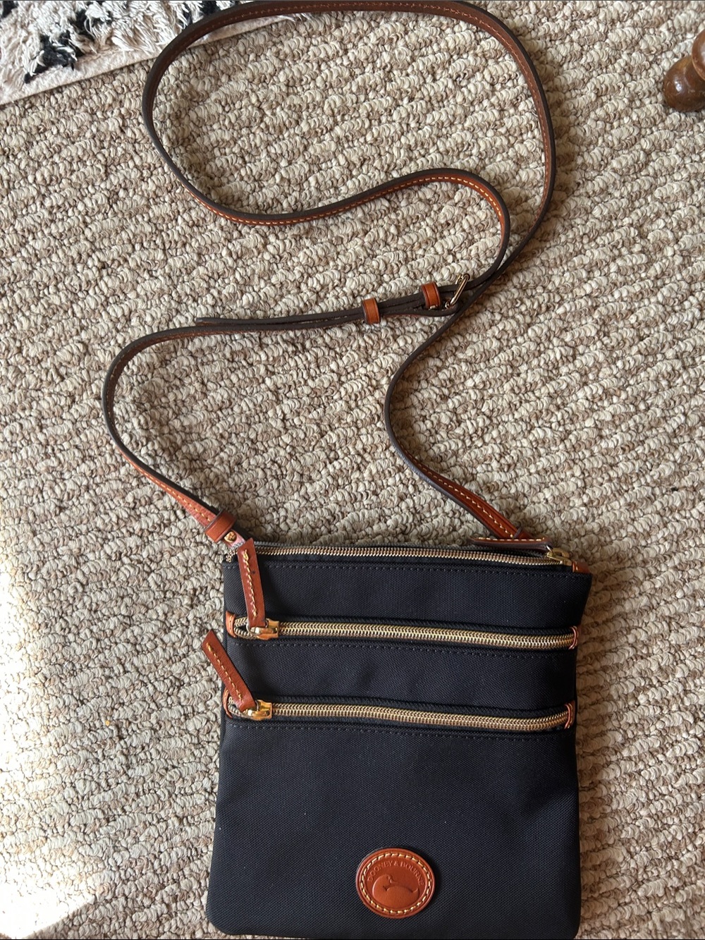 Dooney & Bourke Black Crossbody with Brown Trim and Gold Hardware